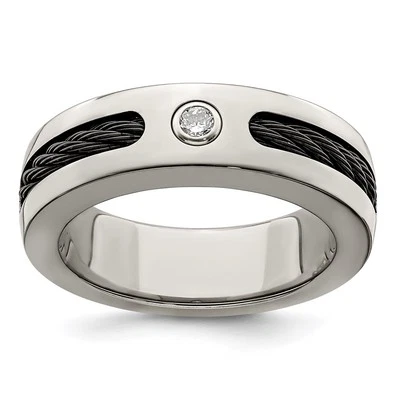 Cable de titanio y diamante de 0,10 quilates con bisel de plata de ley anillo de banda de 7 mm tamaño 13 Foto 1 de 4