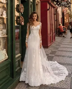 Vestido de novia para mujer bohemio con apliques de encaje línea A bohemio escoteado sin espalda - Imagen 1 de 9