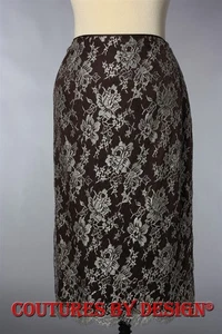 St John Knits Couture Satin Chantilly Lace Skirt Baroness Brown/Silver Sz10 NWOT - Picture 1 of 2