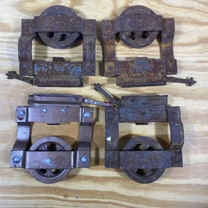 Antique Old Primitive Cast Iron Barn Door Rollers Pulleys Hangers Pair Set USA - Picture 1 of 11