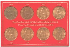 1953 - 1967 Queen Elizabeth II One Penny Date Run 8 Coin Set in Display Case