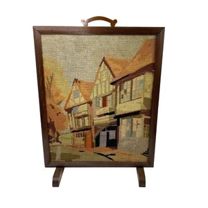 Antique Fireplace Screen with needlepoint town landscape Bakelite handle Europea - Picture 1 of 8