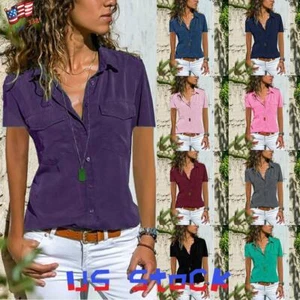 Womens Button Down Short Sleeve Shirt Summer V Neck Slim Fit T-shirt Top Blouse - Picture 1 of 17