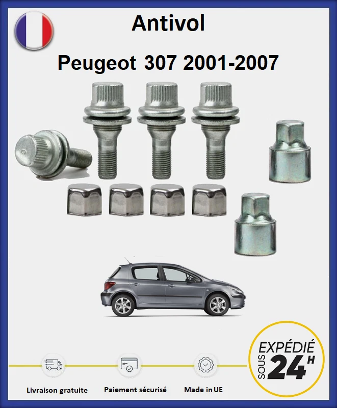 Ecrous antivol de roues Peugeot 307 2001-2007 (4 écrous + 2 clefs + 4 caches) - Photo 1/1