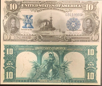 Reproduction $10 1899 Silver Cert Battleship USS Mass Bill US Currency See Below - Image 1 of 4