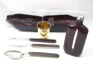 Vintage GERMAN Military WWI CUTLERY Leather Whiskey Flask Travel HIDDEN GADGET - Picture 1 of 14