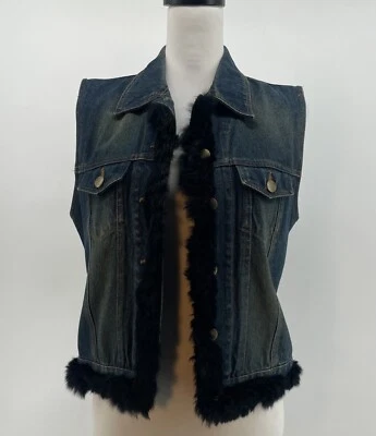 Chaleco de mezclilla MIXIT negro con ribete de piel de conejo para mujer mediano occidental boho chic vintage Foto 1 de 4