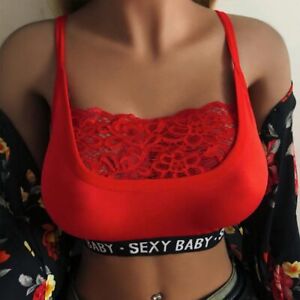 Womens Sexy Lace Sporty Bra Letter Print Bustier Crop Tops Cami Vest Lingeries