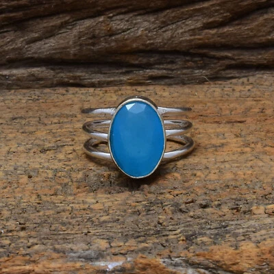 Natale Blu Calcedonio Gemma 925 Argento Sterling Mano Anello Tutte le Taglie - Immagine 1 di 3