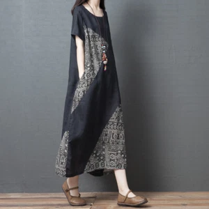Women Loose Cotton Linen Dress Short Sleeve Skirt Ethnic Patchwork Midi Boho New - Picture 1 of 14