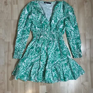 Zara Green & White PRINTED LINEN BLEND MINI Long Sleeve DRESS Size Small - Picture 1 of 7