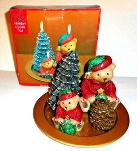 Bear Wax CANDLE 5 pc SET 2 Bears with Christmas Tree Metal Tray HOLIDAY with Box - Picture 1 of 7