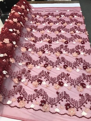 BURGUNDY 3D FLOWERS EMBROIDER WITH A CHEVRON PEARL DESIGN ON A MESH-SOLD BY YARD - Image 1 of 4