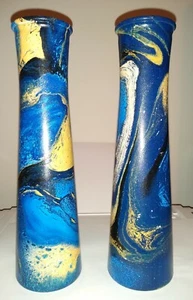 Two 2.56in D.x 9.17in H. Hydro dipped glass vases white, black, yellow & blue - Picture 1 of 11