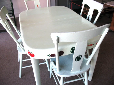 MID CENTURY ART  DECO  KITCHEN TABLE & CHAIRS   TEAL  FINISH  WITH   STENCILS Cover