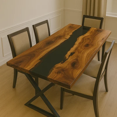 Handmade Live Edge Resin Table | Black Epoxy Dining Table Top | Acacia Wood | - Image 1 of 4