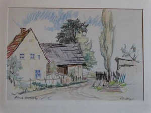 Linzig? - Rudolf Sokol - signierte Buntstift-Zeichnung Dorfstraße mit Haus 1930 - Picture 1 of 4