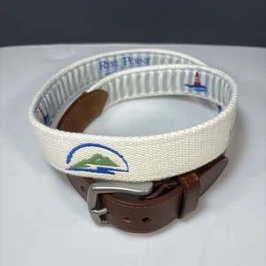 REEL POINT SHELTER ISLAND cintura da golf ricamata bianco sporco tela pelle 38 USA - Foto 1 di 12