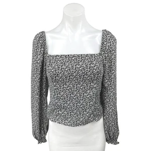 Abercrombie & Fitch Black Floral Square Neck Puff Long Sleeve Crop Top Blouse S - Bild 1 von 3