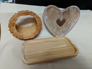 Handmade Wood Geometric Basket, Wood Bowl w/ Heart, Wood Tray - Picture 1 of 4