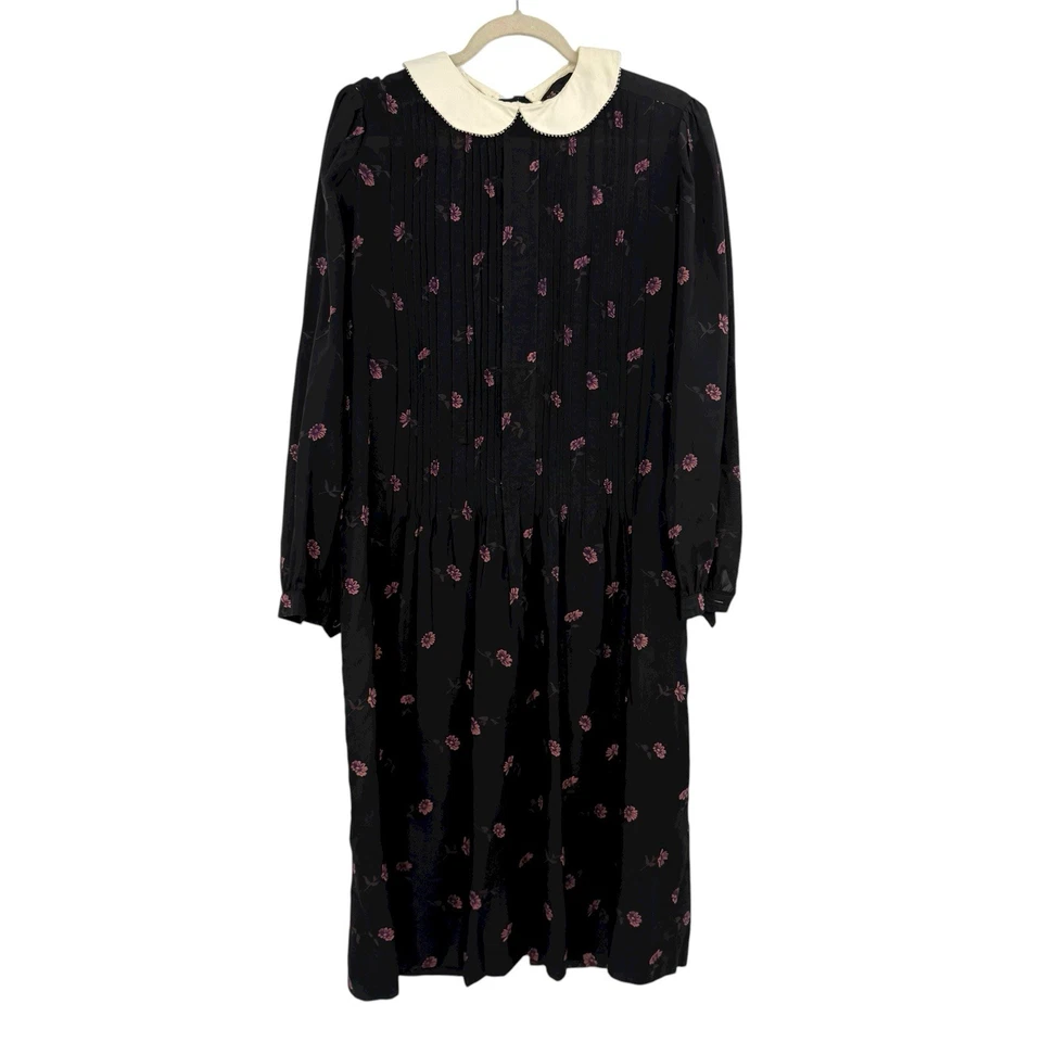 Vintage Albert Nipon Black Floral Long Sleeve Pleated Midi Dress Sz L Wednesday - Image 1 of 4