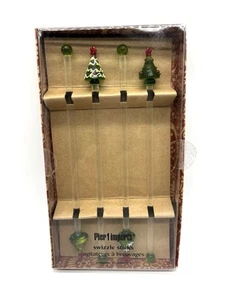 Set 4 Bastoncini Pier 1 Importazioni Vetro Arte Verde Albero di Natale Swizzle Barware - Foto 1 di 9