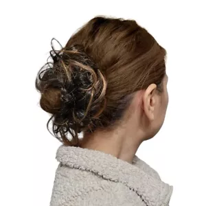 Bridal Prom Hair Scrunchie Bun - Wavy Messy Hairpiece Black with Highlights - Picture 1 of 5
