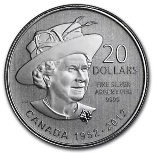 PURE FINE SILVER $20 COIN - QUEEN ELIZABETH 60th ANNIVERSARY 2012 - CANADA - Picture 1 of 4