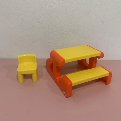 VTG Little Tikes Doll House Picnic Table Bench Yellow Orange And Chair Dollhouse - Image 1 of 4