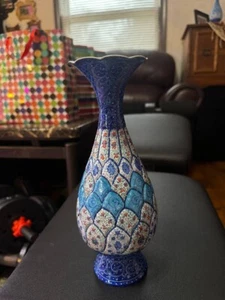 Persian Mina Kari Painted Handmade Fine Art brass Enamel Vase - Picture 1 of 1