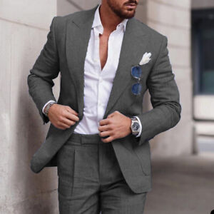 Linen Men Suits 2 Pieces Peak Lapel Summer Wedding Groom Casual Blazer Tuxedos