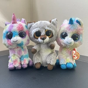 LOT of 3 TY 6” Beanie Boos Stuffed Plush WISHFUL, BLITZ unicorn, OAKIE Raccoon - Picture 1 of 6