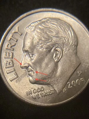 US 2005 P Roosevelt Dime Die Chip Error - Image 1 of 3