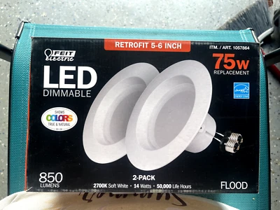 Feit LED LIGHTS Dimmable Retrofit 5-6 Inch 75w 2 pack 2700k Soft White *New* - Image 1 of 2