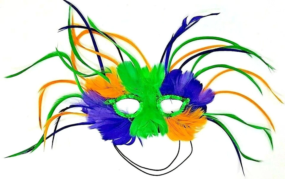 Mardi Gras Mask Multi Colored Feather Mask With Green Sequins - Image 1 of 4
