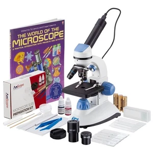 AmScope 40X-1000X 2-LED Portable Compound Microscope Kids Kit, Book 2MP Camera - Picture 1 of 4