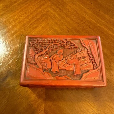 Caja roja cinabrio chino, baratija interior laca negra tallada a mano siglo XIX Foto 1 de 4