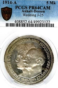 German State Anhalt-Dessau 1914 5 Mark Coin Thaler PCGS PR 64 CAMEO PROOF PP UNC - Picture 1 of 3