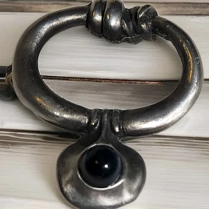 Vtg Eivind Hillestad Signed Norway 801 Pewter Brooch Scarf Fibula Pin Black Onyx - Picture 1 of 9