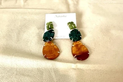 Natasha Couture Green and Brown Gem Stone Statement Drop Dangle Earrings New - Image 1 of 4