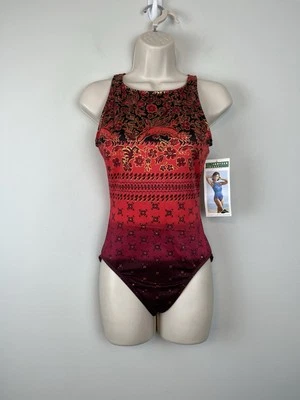Vintage NWT Jantzen Floral Geometric Metallic Red Ombre One Piece Swimsuit 10 - Image 1 of 4
