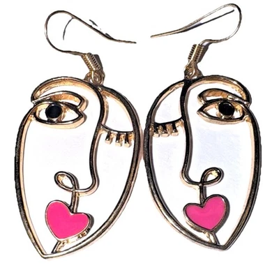 Brincos House of Harlow 1960 Joia Rosto Coração Tom Dourado 2"L Estilo Picasso - Imagem 1 de 4