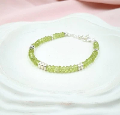 100% Natural Green Peridot Faceted Rondelle Gemstone Beaded Women Bracelets 6-8" - Image 1 of 4