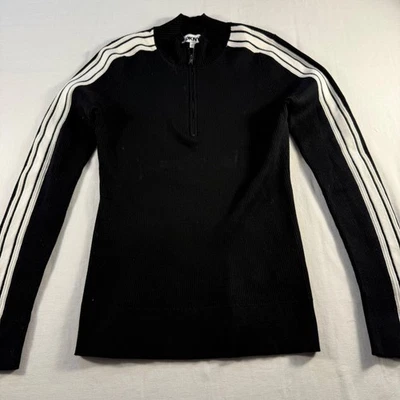 DKNY Women's Black Ribbed Quarter Zip Sweater Athletic Stripes Size M - Image 1 of 4