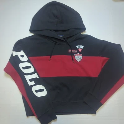 Polo Ralph Lauren Women's Cropped Hoodie M Red Black Racing Team Patches Sweater - Image 1 of 4