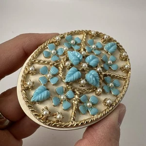 Majestic Specchio Compatto Ottone Polvere Vintage MCM Vanity Pietre Blu CC1 - Foto 1 di 6