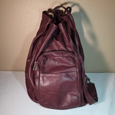 Leather Burgundy Backpack Zippers Pockets Tote Soft Pockets Reddish Wine Color  - Image 1 of 4