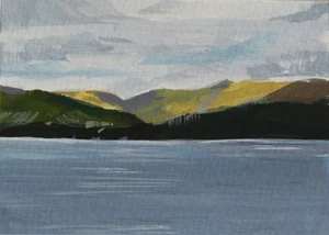 ACEO Original Painting Lake Windermere Hills Acrylic Gouache Mini Gift Art - Picture 1 of 3