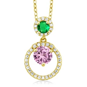 18K Yellow Gold Plated Silver Pink Created Sapphire and Nano Emerald Pendant - Picture 1 of 3