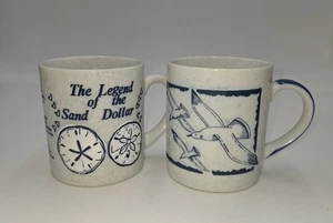 Vintage Otagiri Japan Stoneware Speckled Mug Seagulls Sand Dollar Blue Set Of 2 - Picture 1 of 4